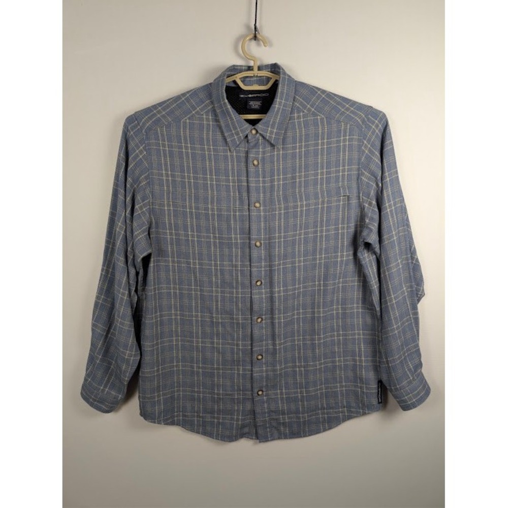 ExOfficio Plaid Button Down Shirt Mens XL Blue Long Sleeve Zip Pockets EUC